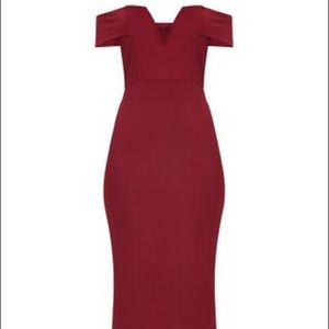 burgundy bardot v plunge maxi dress